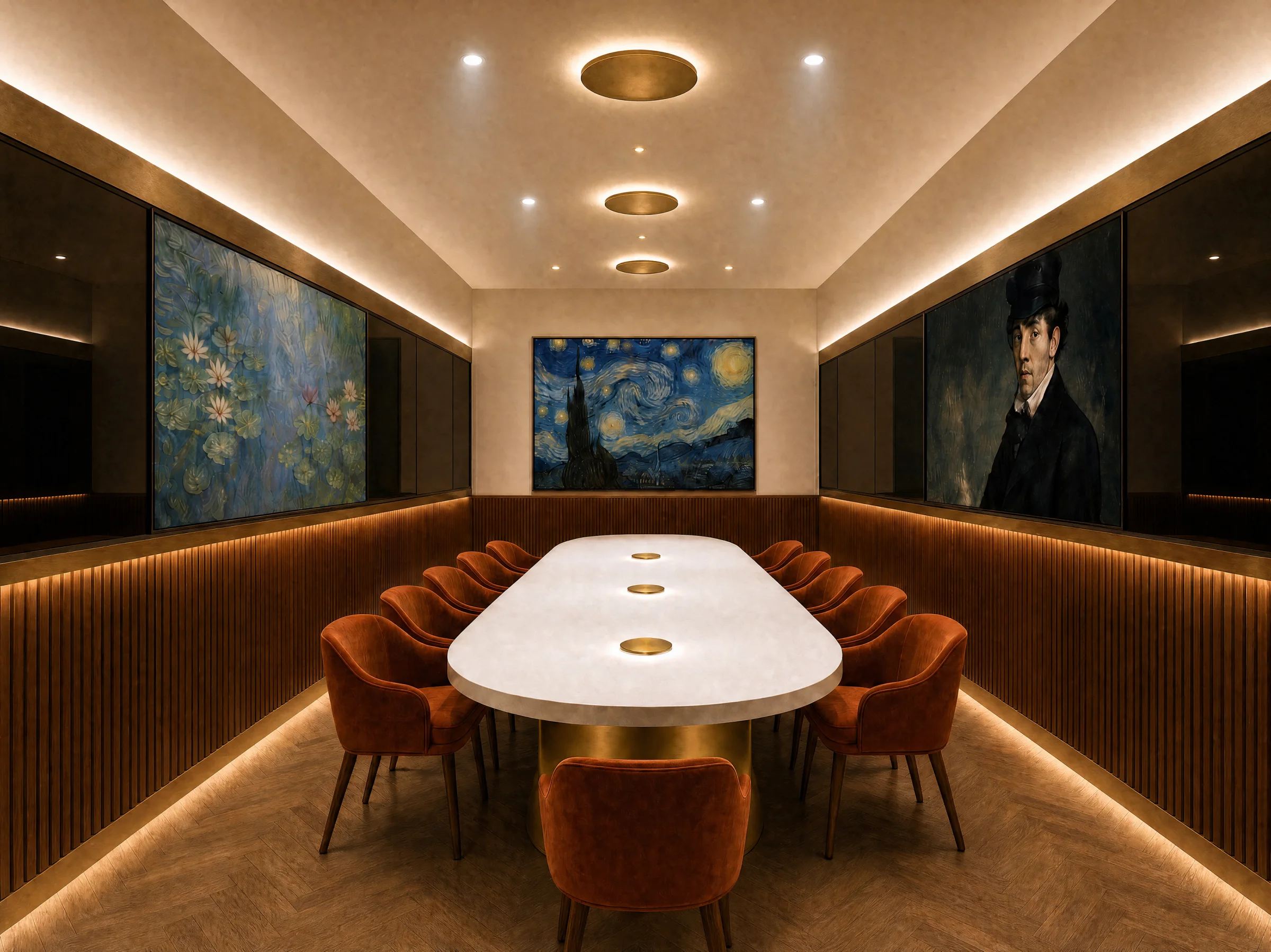 Conference room with a racetrack table, burnt-orange chairs and three illuminated masterworks