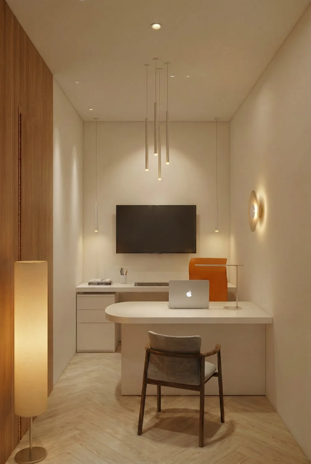 Doctor's office with warm pendant lights, white oval desk and a burnt-orange chair