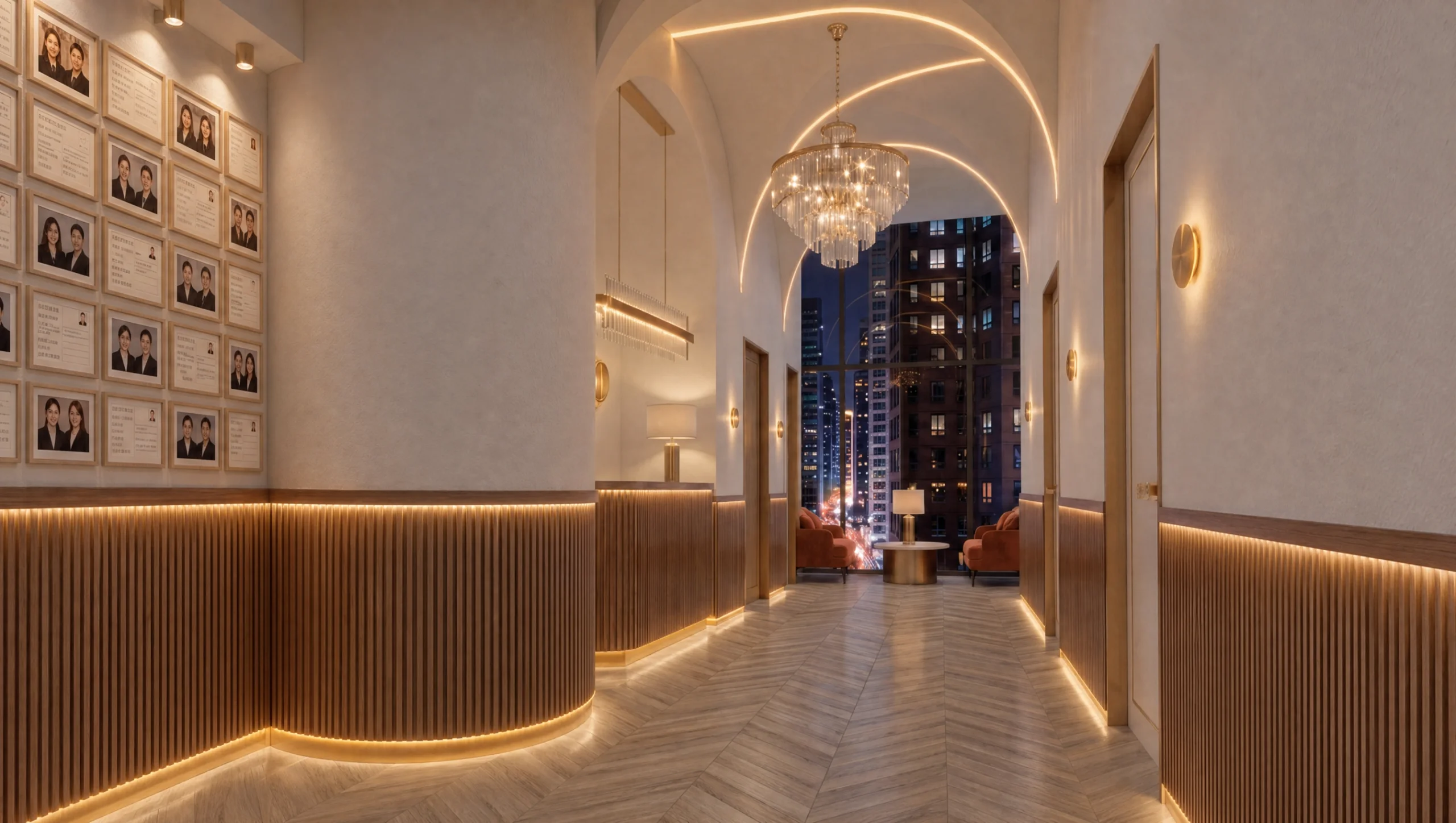 Warm arched entrance corridor with walnut reeding and champagne halo lighting