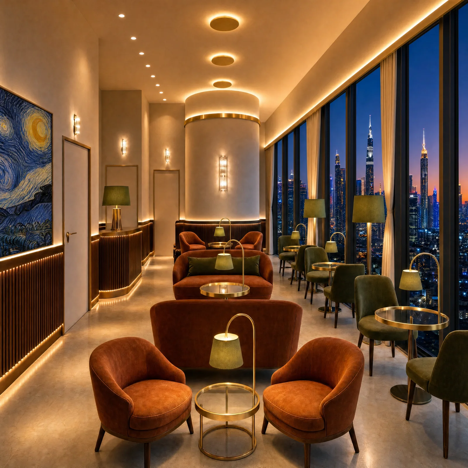 Lobby at evening with illuminated skyline beyond the glass