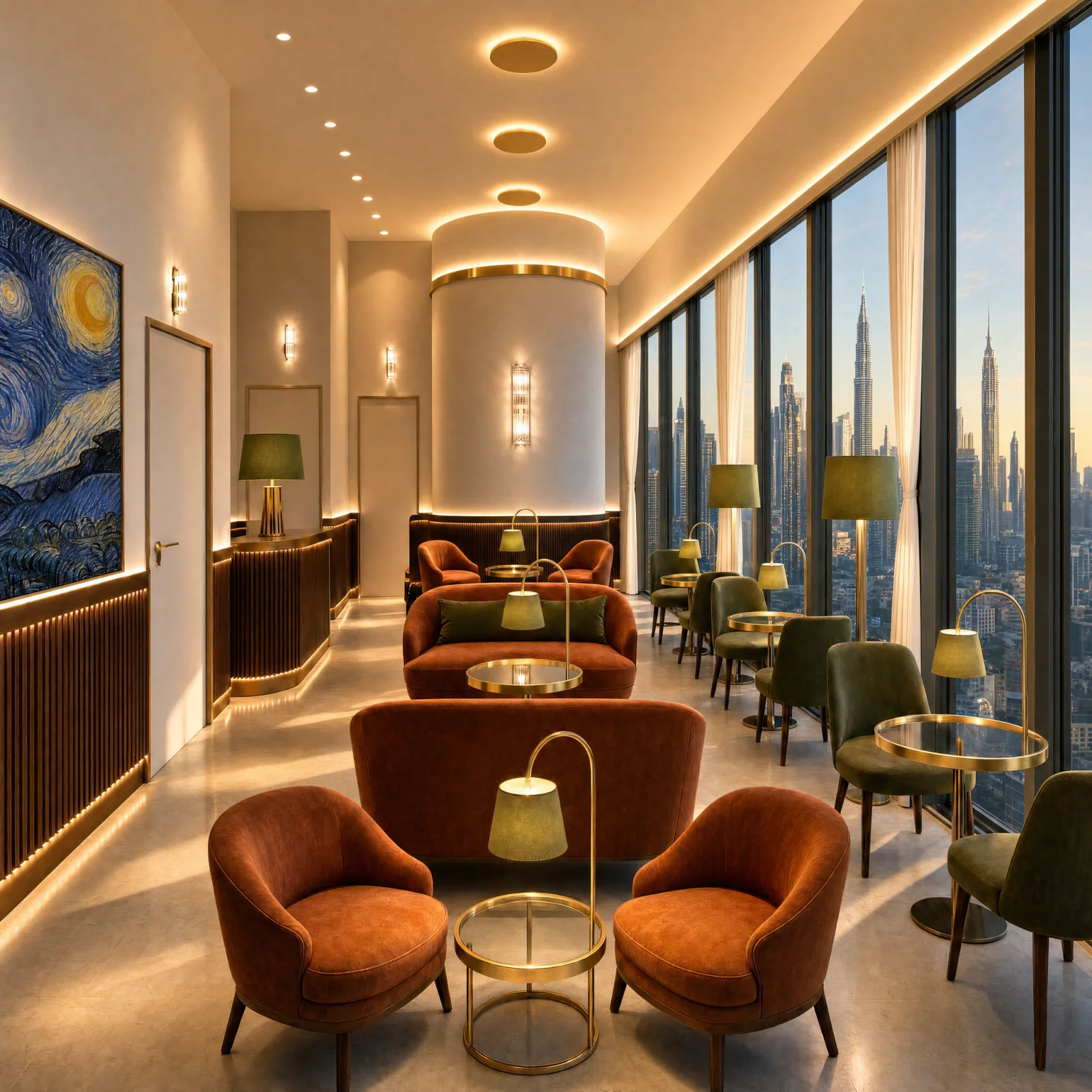 Lobby in warm morning light with burnt-orange velvet and olive seating