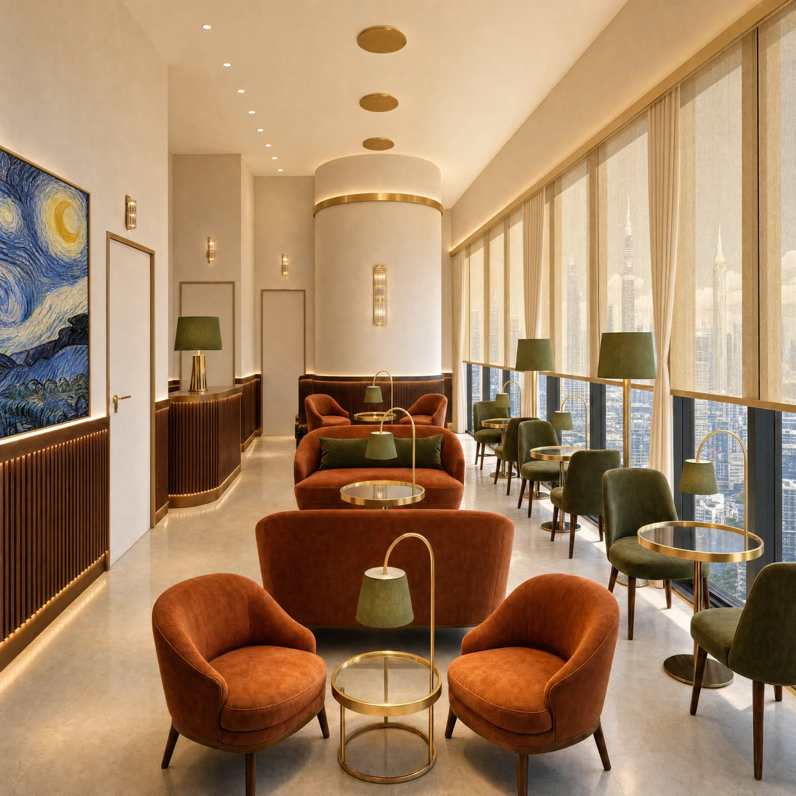 Lobby at noon with translucent blinds softening the city view