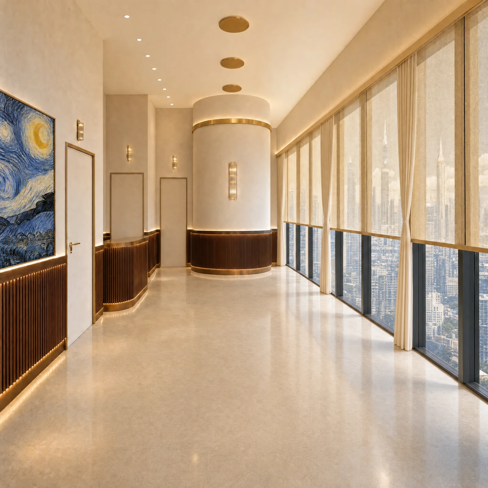 Unfurnished lobby showing the cream, walnut and gold architecture