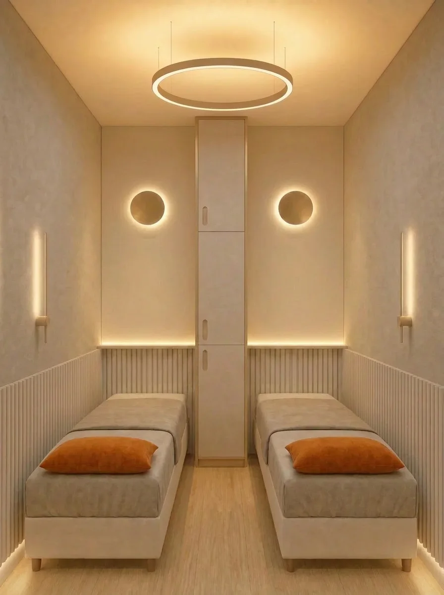 Warm skin-care room with twin beds, eclipse sconces and burnt-orange pillows