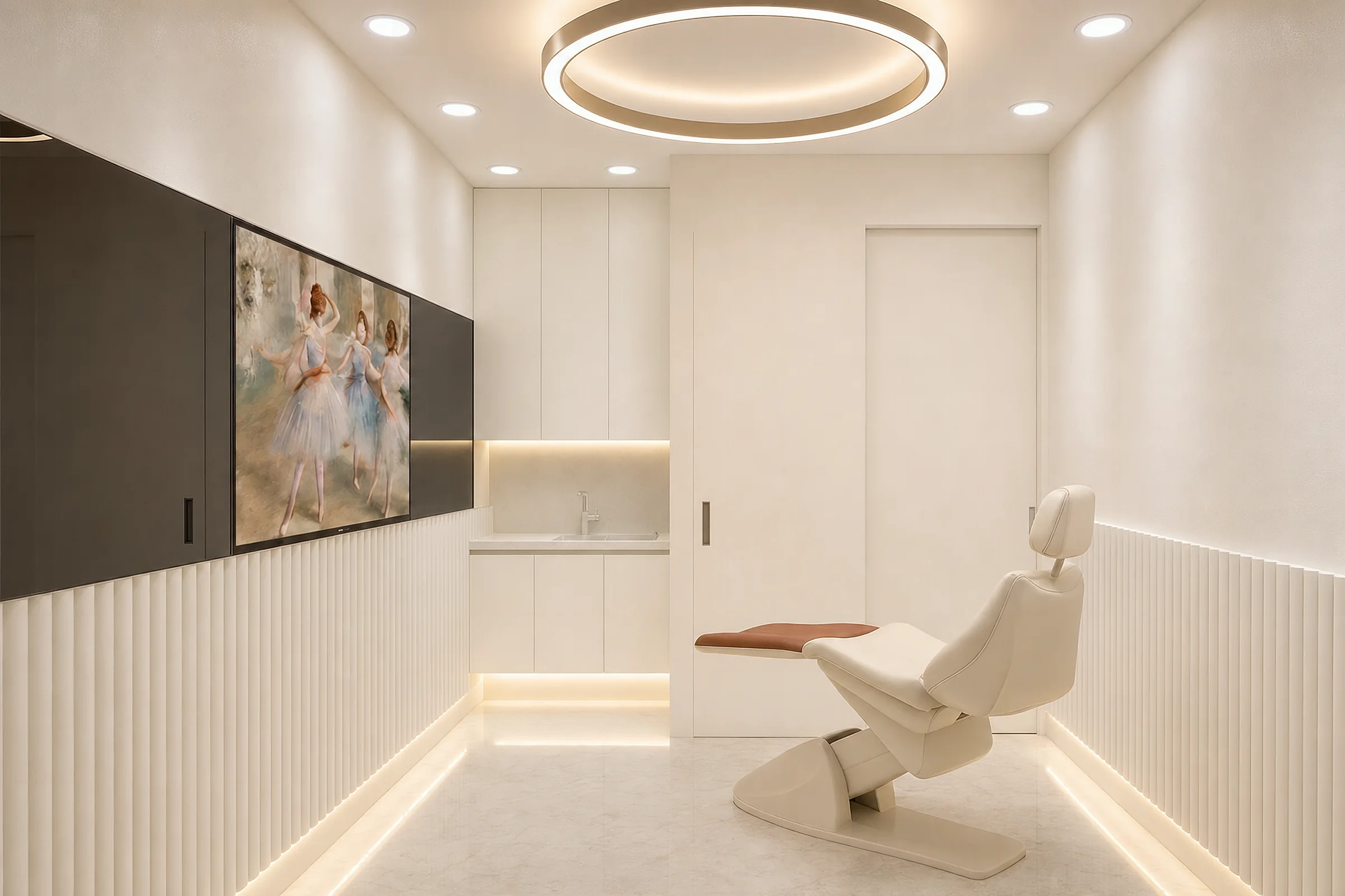 All-white treatment room with a circular ceiling halo and burnt-orange bed accent